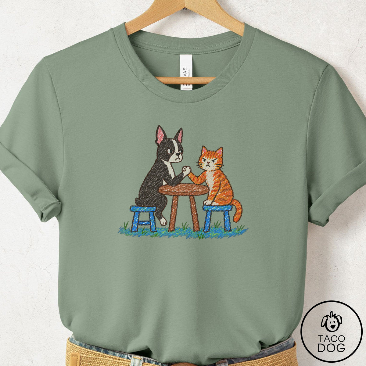 Boston Terrier Arm Wrestling T-Shirt Sage Taco-Dog