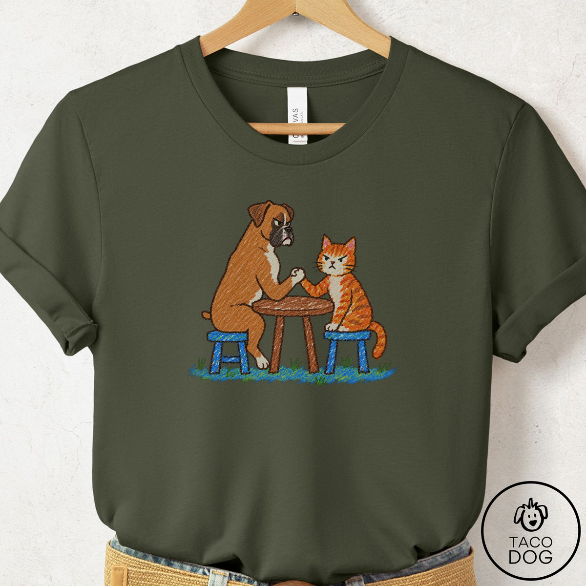 Boxer Arm Wrestling T-Shirt Military Green Taco-Dog