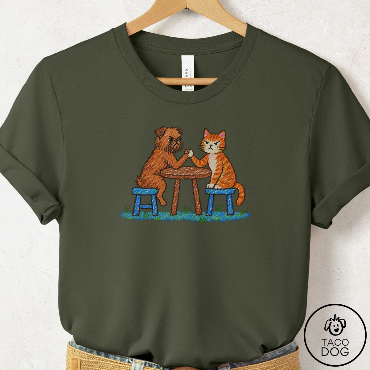 Brussels Griffon Arm Wrestling T-Shirt Military Green Taco-Dog