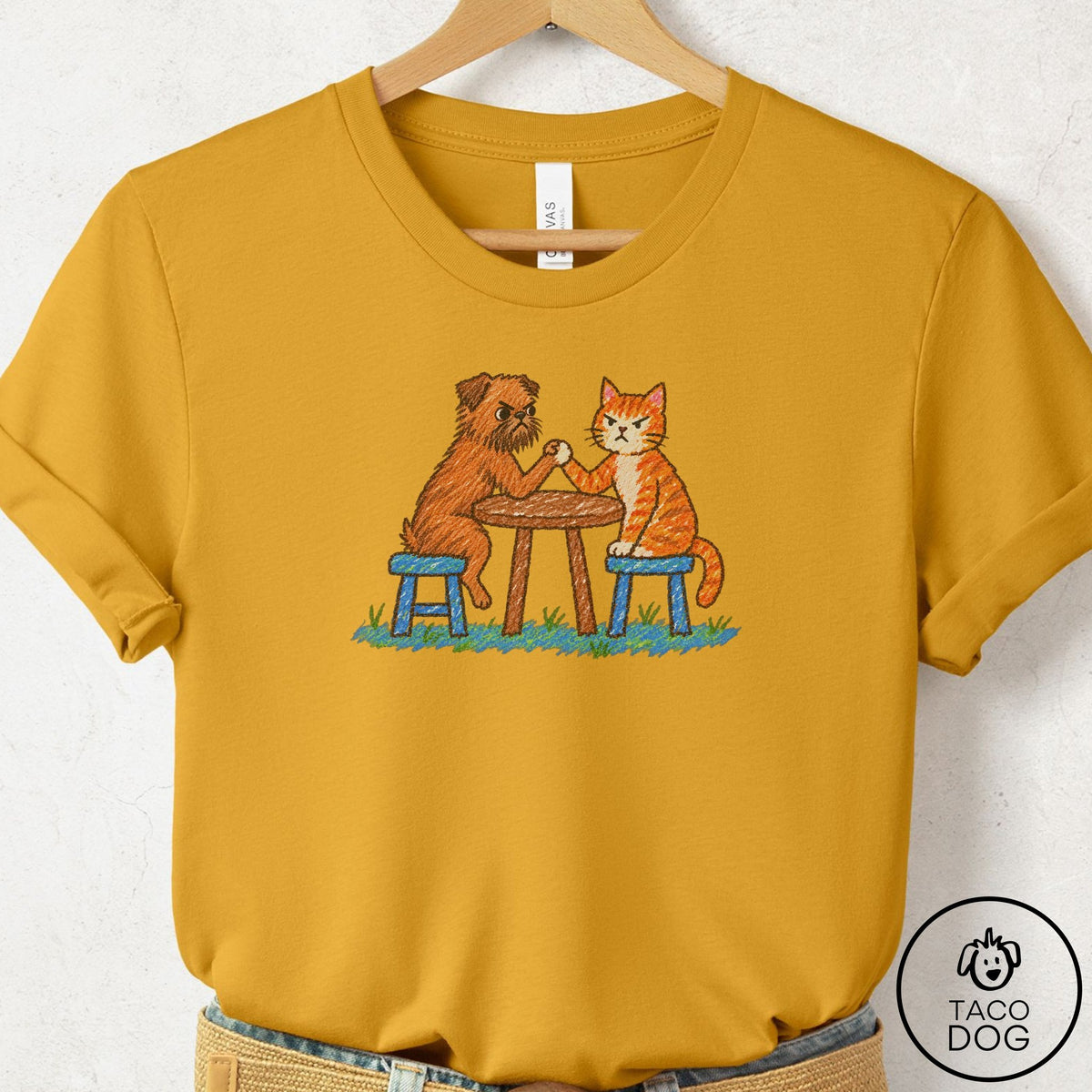 Brussels Griffon Arm Wrestling T-Shirt Mustard Taco-Dog