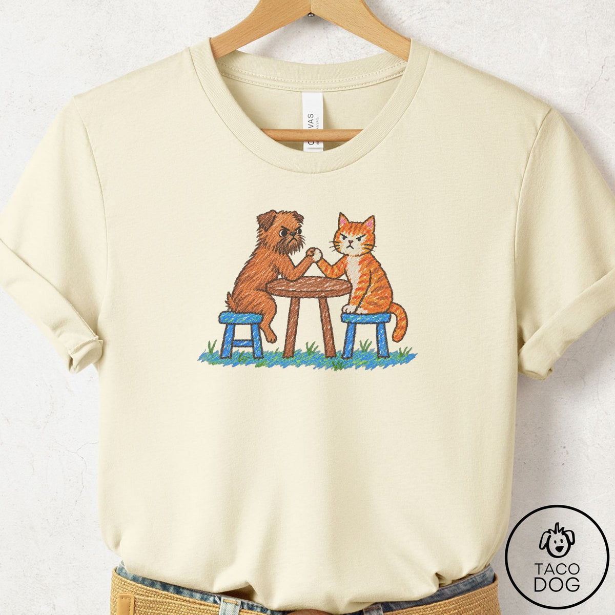 Brussels Griffon Arm Wrestling T-Shirt Natural Taco-Dog