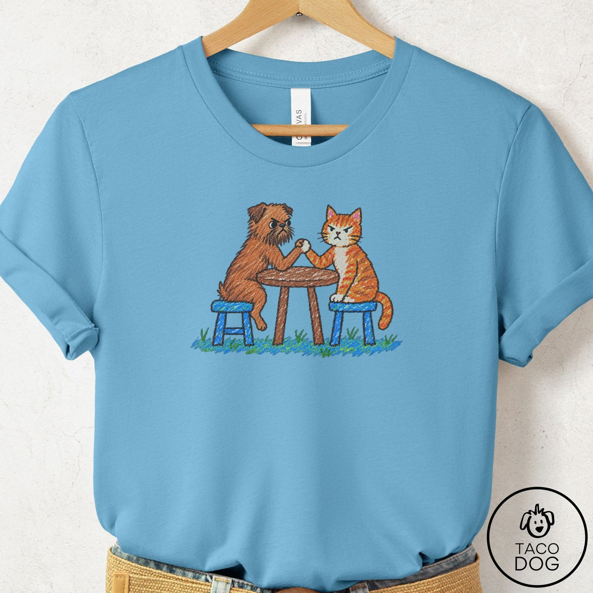 Brussels Griffon Arm Wrestling T-Shirt Ocean Blue Taco-Dog