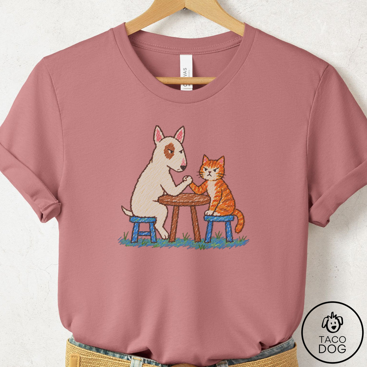 Bull Terrier Arm Wrestling T-Shirt Mauve Taco-Dog