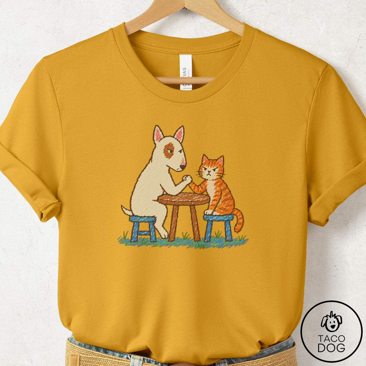 Bull Terrier Arm Wrestling T-Shirt Mustard Taco-Dog