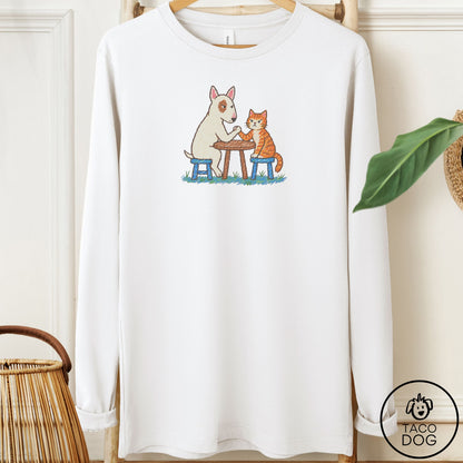 Bull Terrier Arm Wrestling Long Sleeve Tee White Taco-Dog
