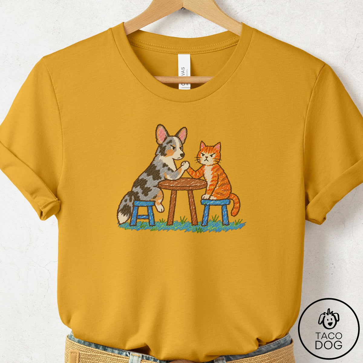 Cardigan Welsh Corgi Arm Wrestling T-Shirt Mustard Taco-Dog