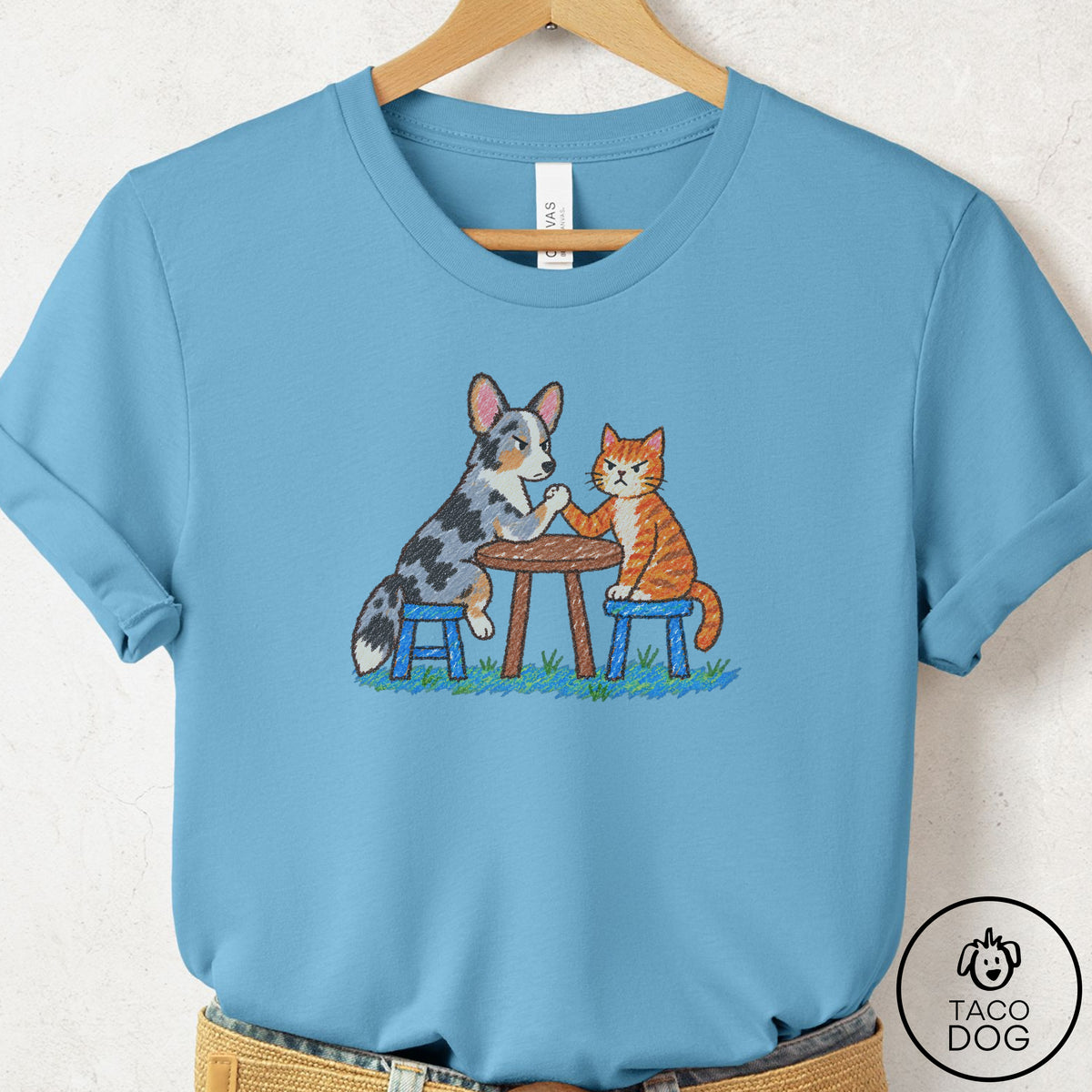 Cardigan Welsh Corgi Arm Wrestling T-Shirt Ocean Blue Taco-Dog