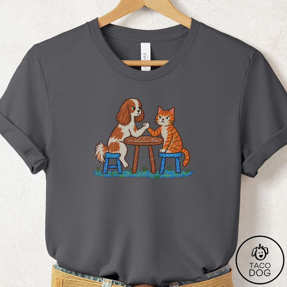 Cavalier King Charles Spaniel Arm Wrestling T-Shirt Asphalt Taco-Dog