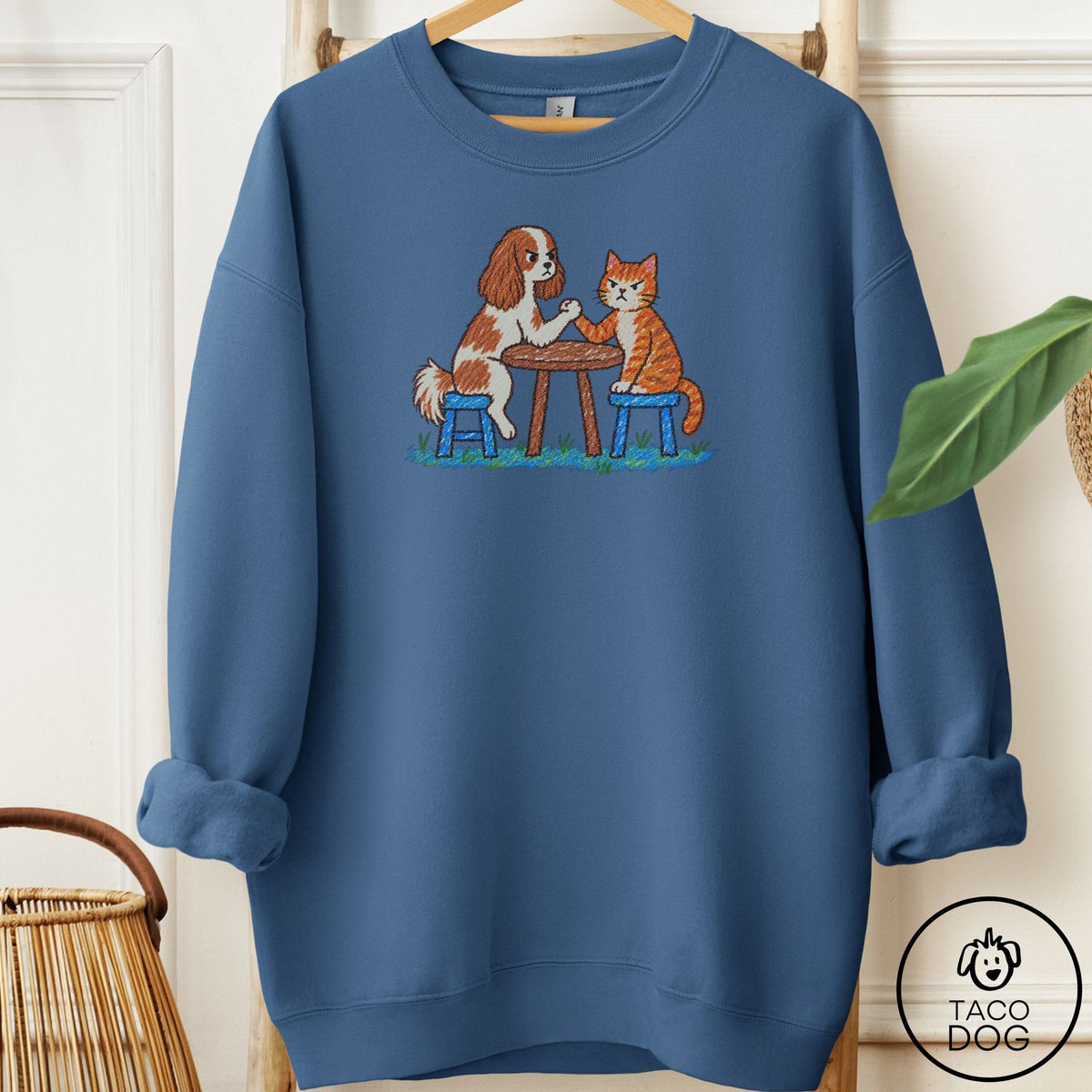 Cavalier King Charles Spaniel Arm Wrestling Sweatshirt Indigo Blue Taco-Dog