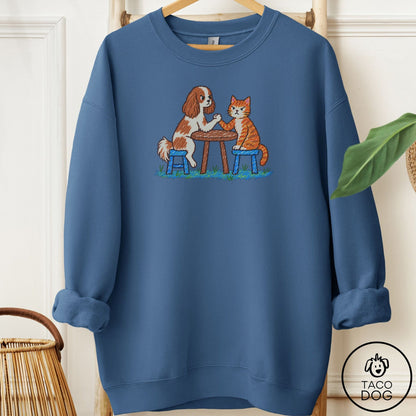 Cavalier King Charles Spaniel Arm Wrestling Sweatshirt Indigo Blue Taco-Dog