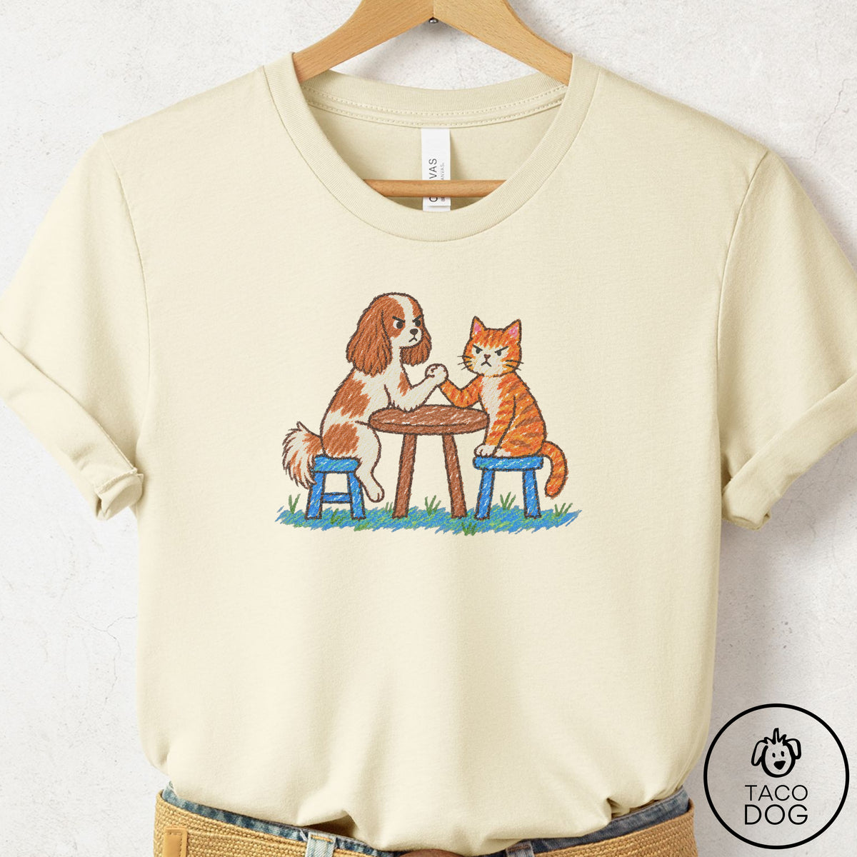 Cavalier King Charles Spaniel Arm Wrestling T-Shirt Natural Taco-Dog