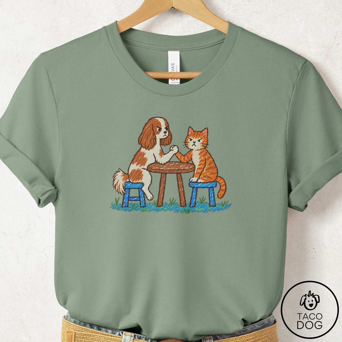 Cavalier King Charles Spaniel Arm Wrestling T-Shirt Sage Taco-Dog