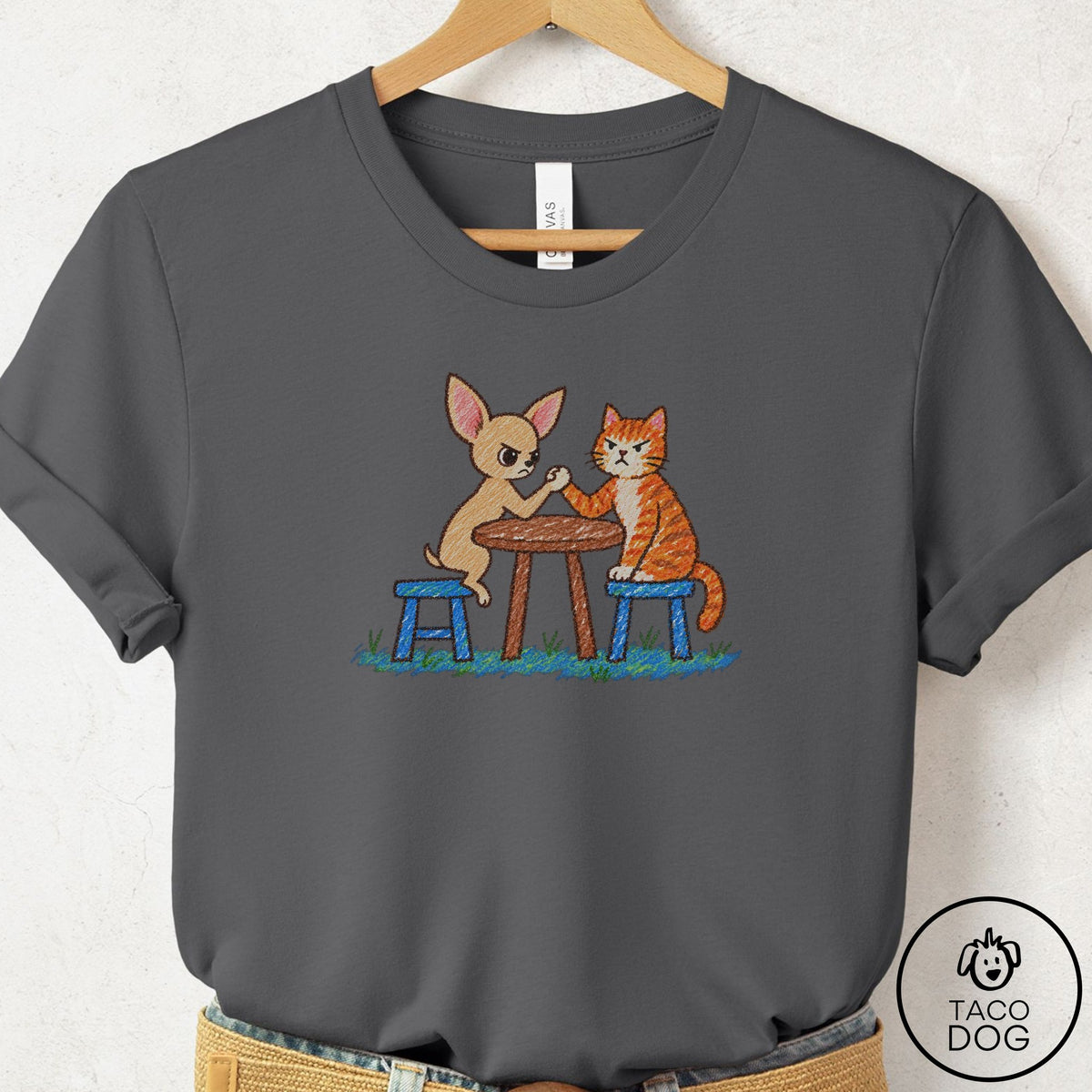 Chihuahua Arm Wrestling T-Shirt Asphalt Taco-Dog
