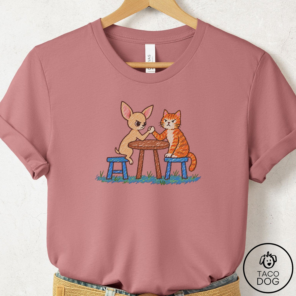 Chihuahua Arm Wrestling T-Shirt Mauve Taco-Dog
