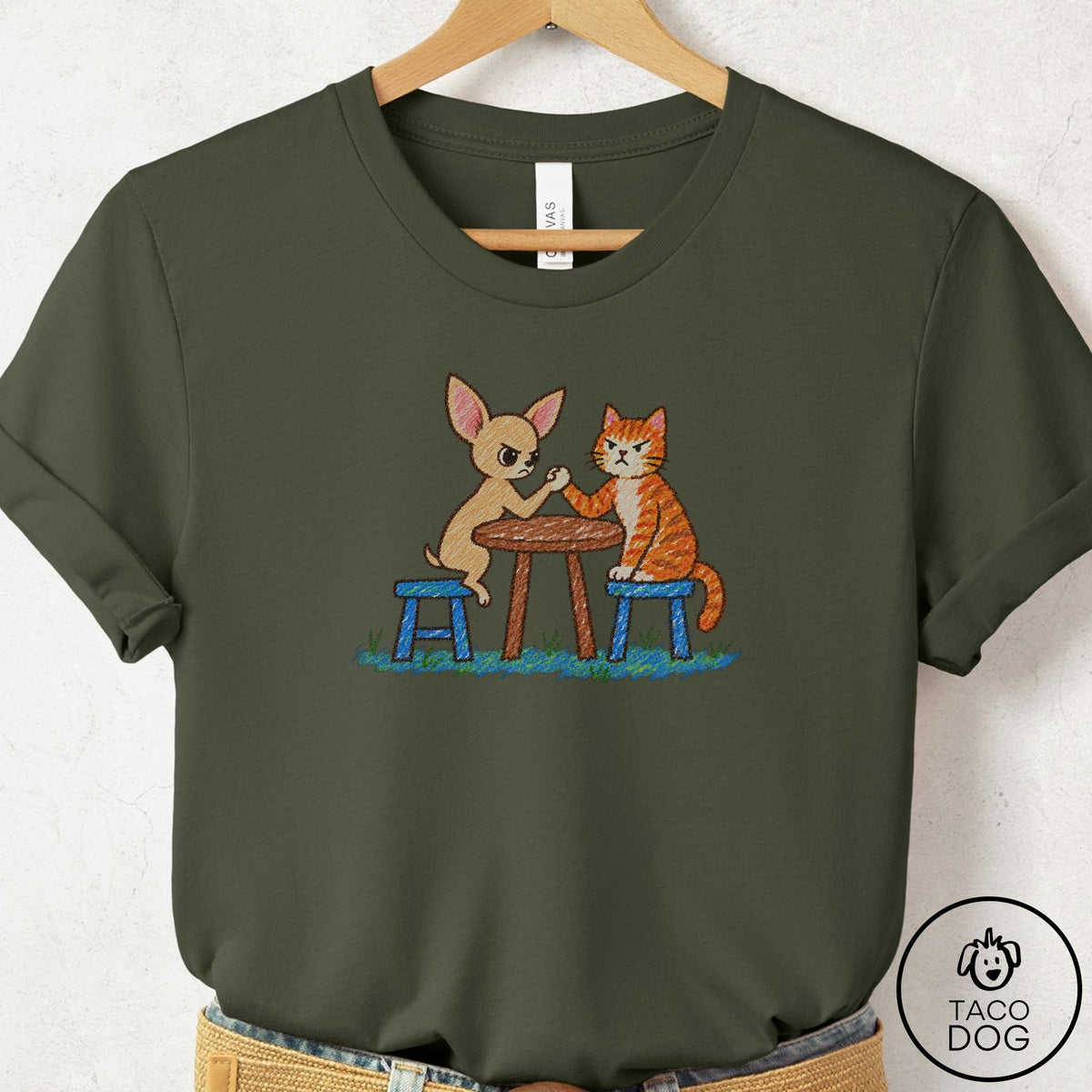 Chihuahua Arm Wrestling T-Shirt Military Green Taco-Dog