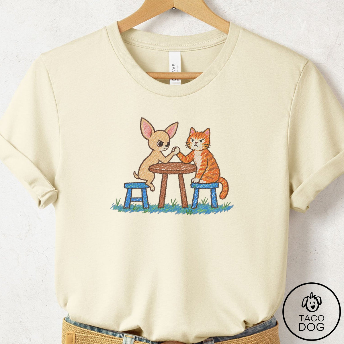 Chihuahua Arm Wrestling T-Shirt Natural Taco-Dog