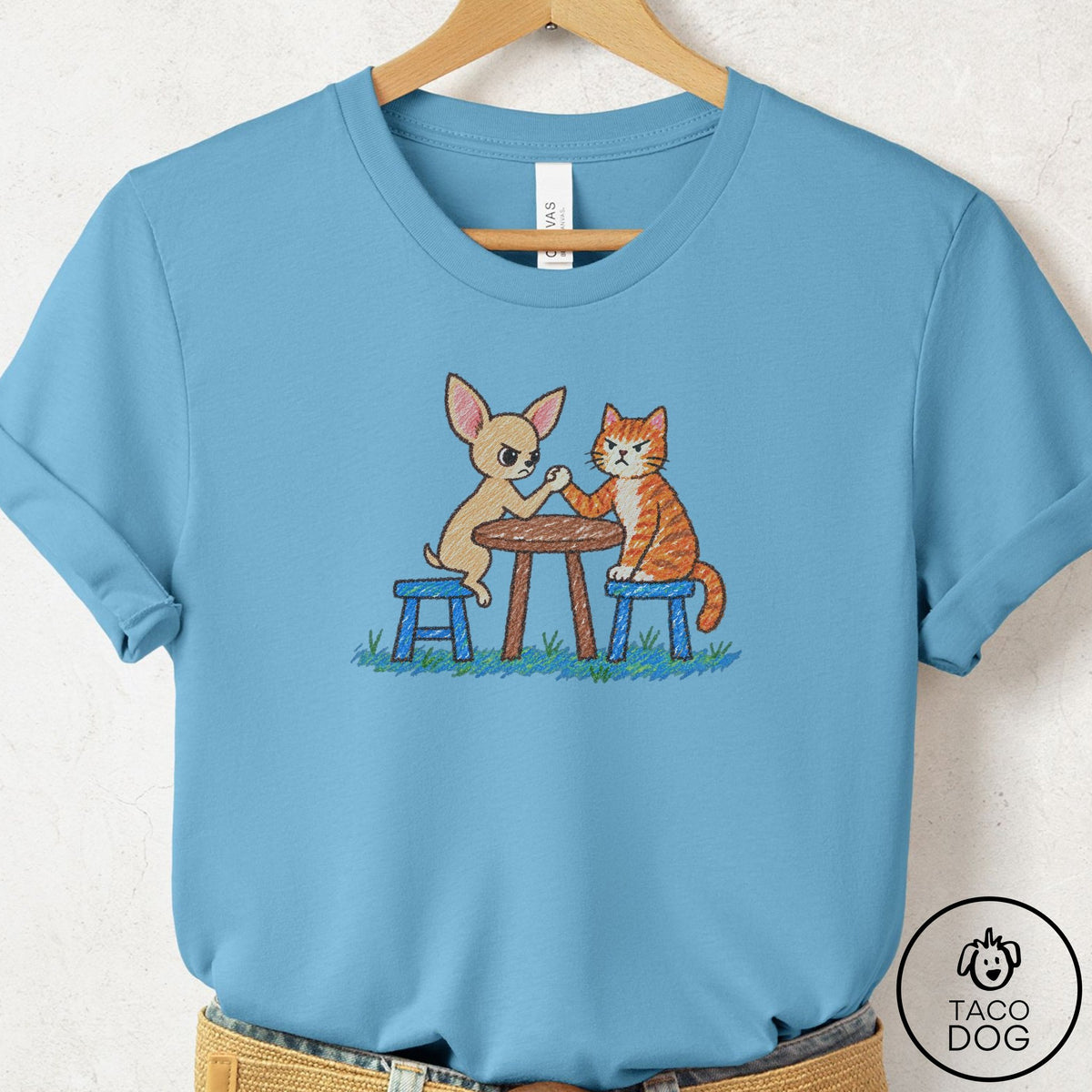 Chihuahua Arm Wrestling T-Shirt Ocean Blue Taco-Dog