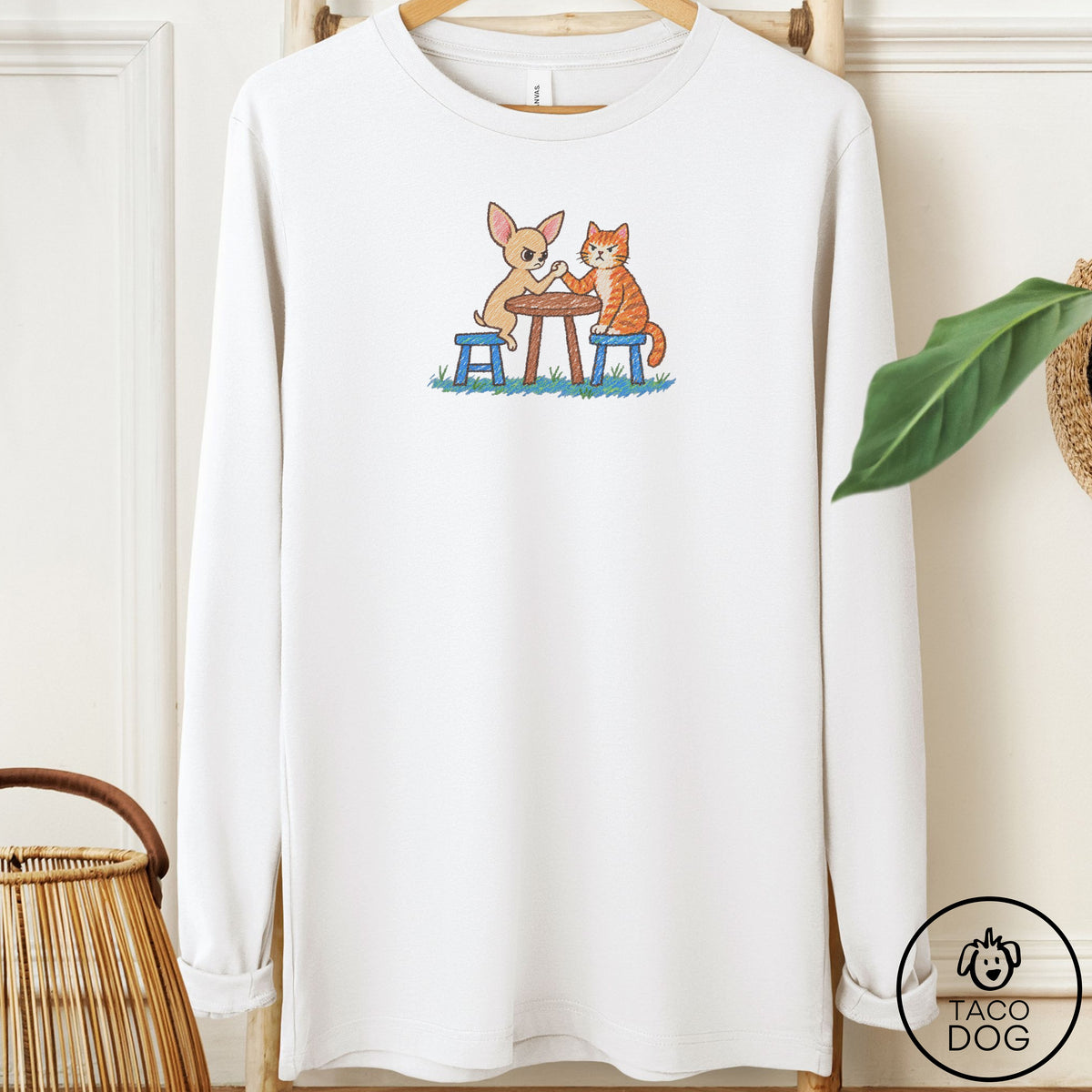 Chihuahua Arm Wrestling Long Sleeve Tee White Taco-Dog