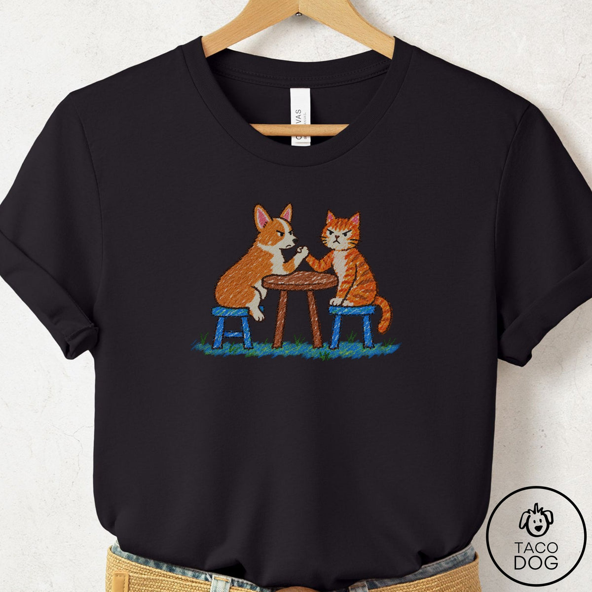 Corgi Arm Wrestling T-Shirt Black Taco-Dog