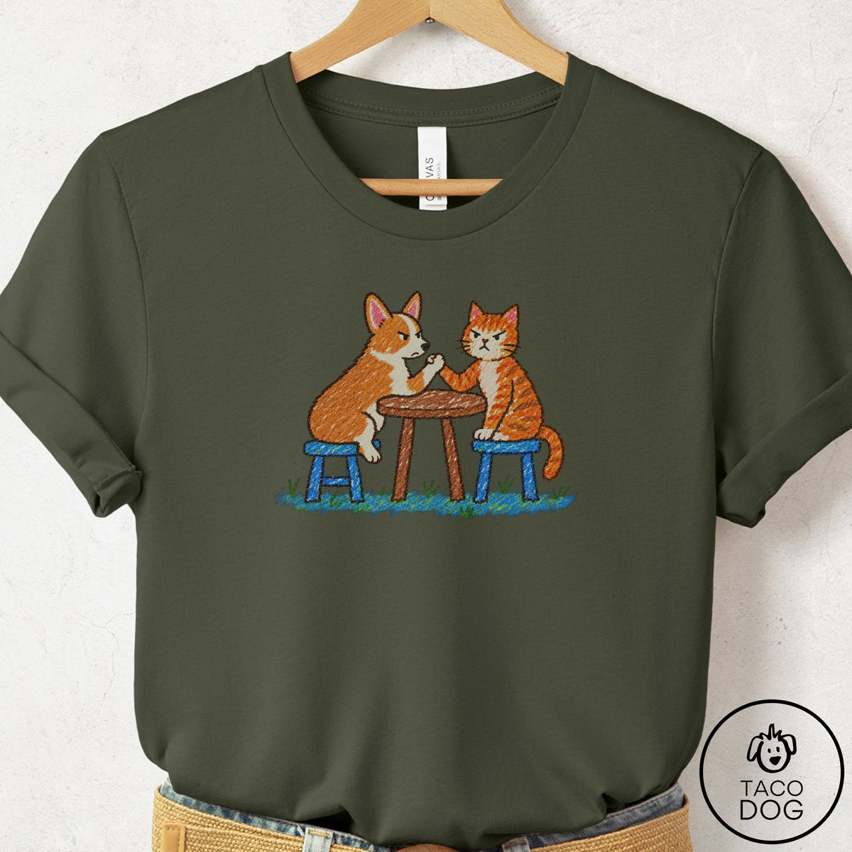 Corgi Arm Wrestling T-Shirt Military Green Taco-Dog