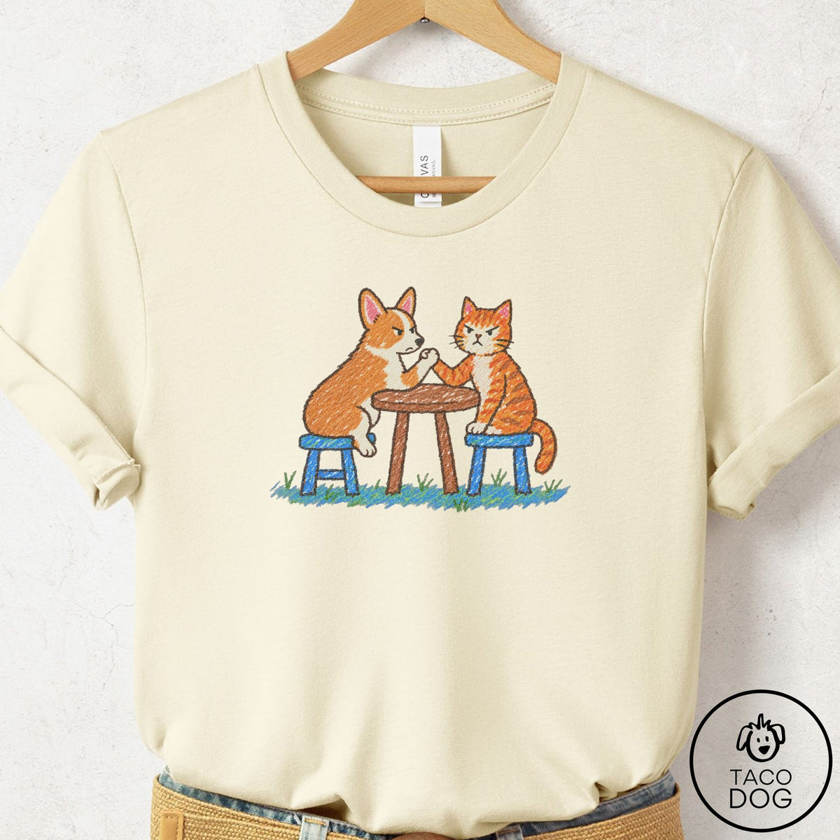 Corgi Arm Wrestling T-Shirt Natural Taco-Dog