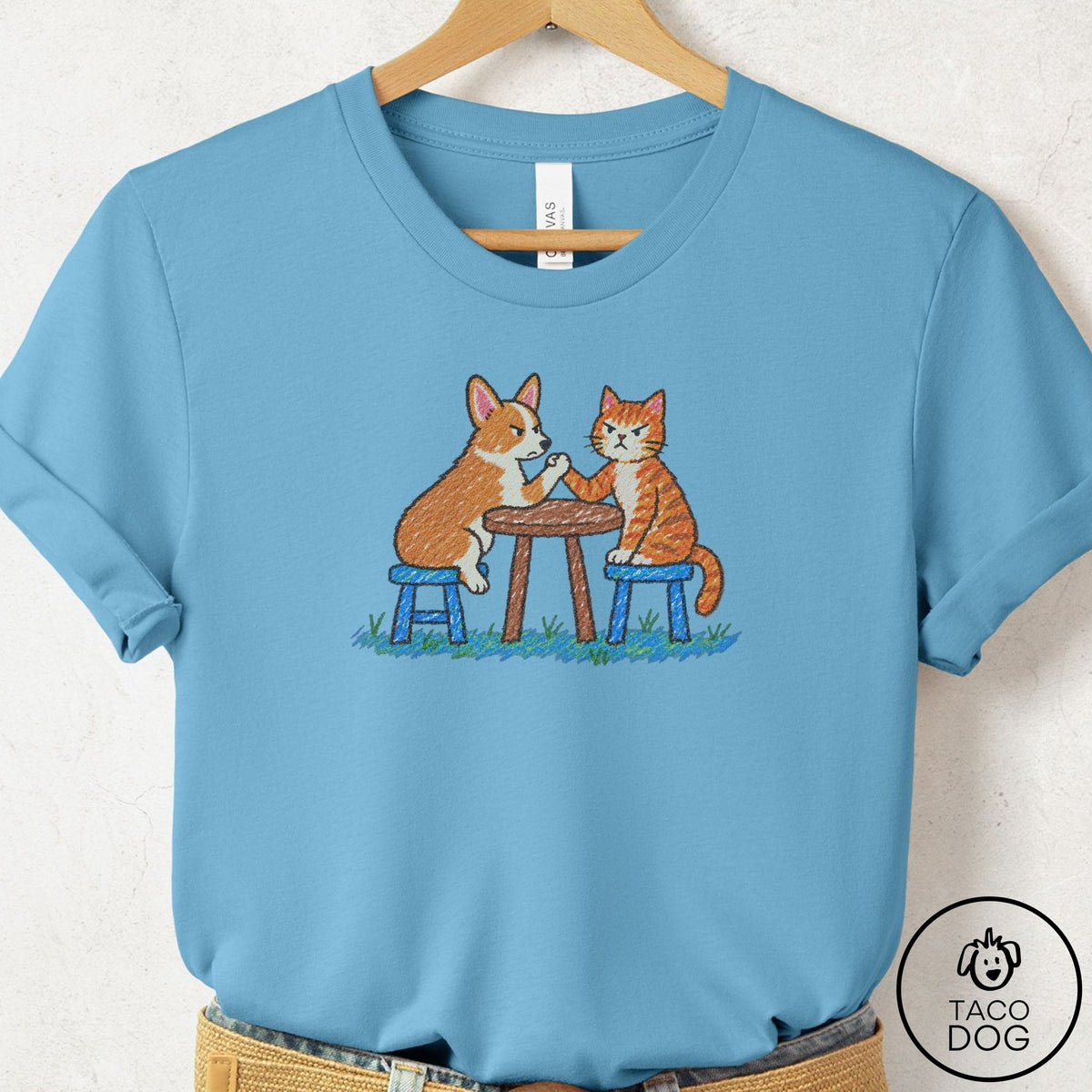 Corgi Arm Wrestling T-Shirt Ocean Blue Taco-Dog