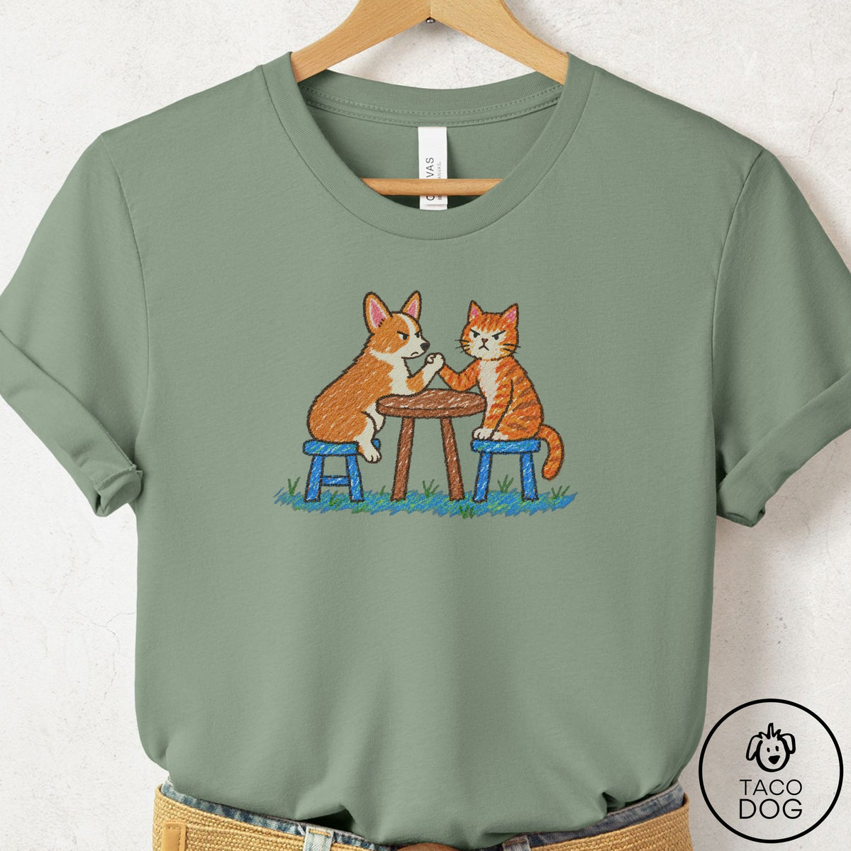 Corgi Arm Wrestling T-Shirt Sage Taco-Dog