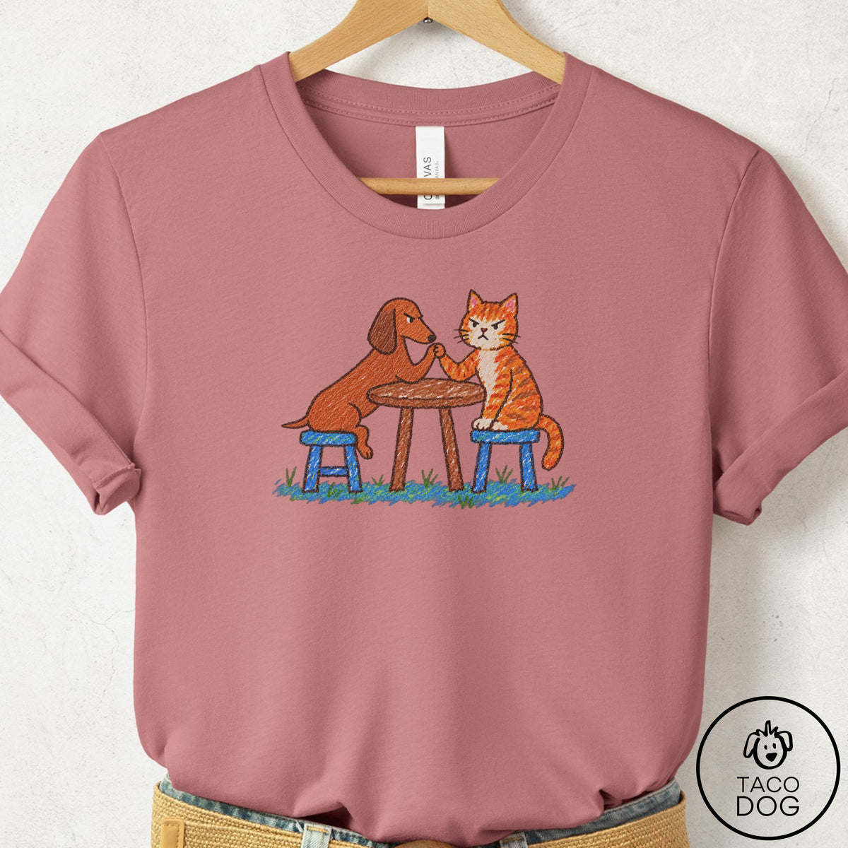 Dachshund Arm Wrestling T-Shirt Mauve Taco-Dog