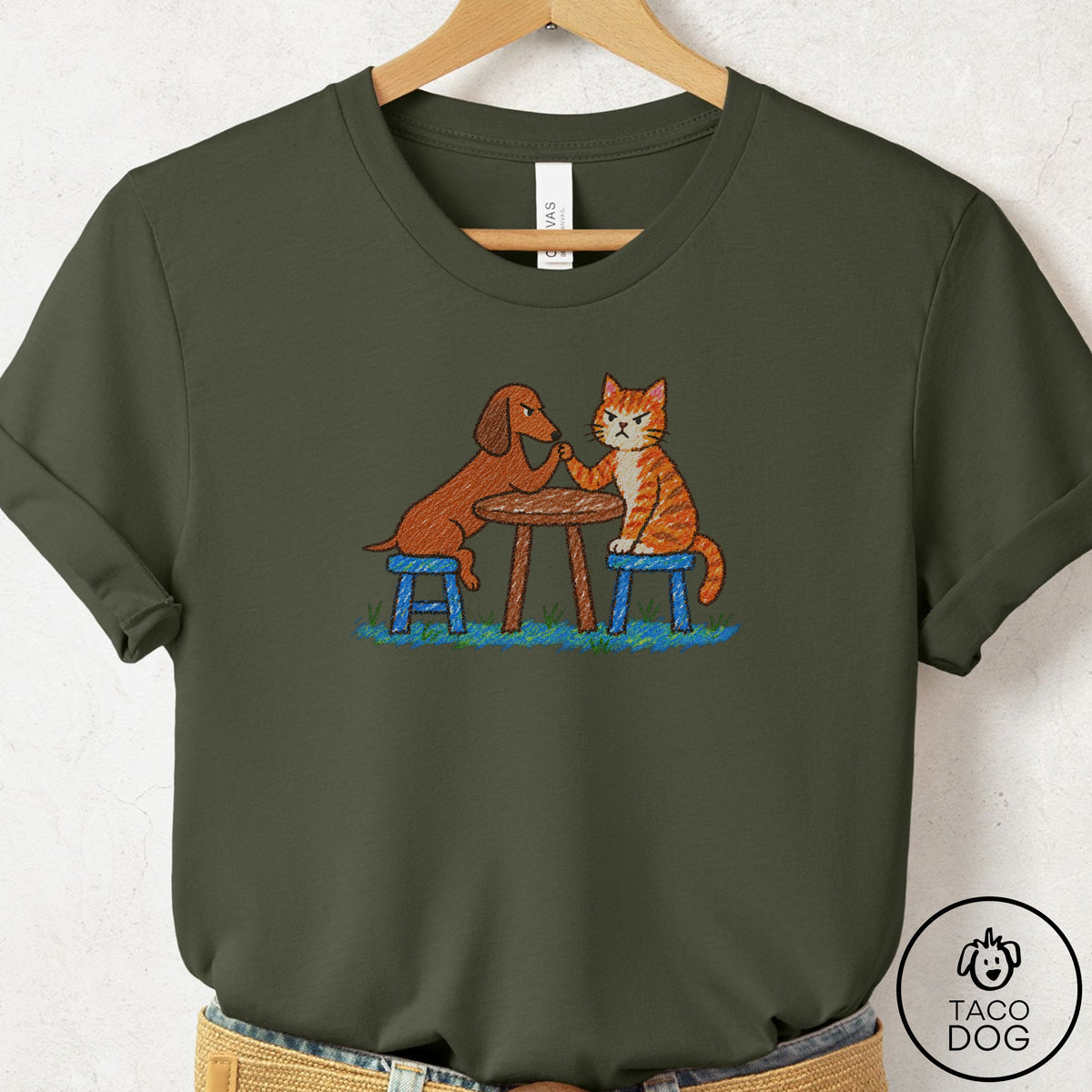 Dachshund Arm Wrestling T-Shirt Military Green Taco-Dog