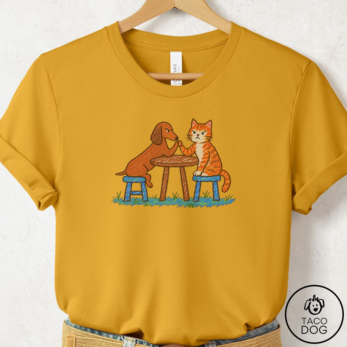 Dachshund Arm Wrestling T-Shirt Mustard Taco-Dog