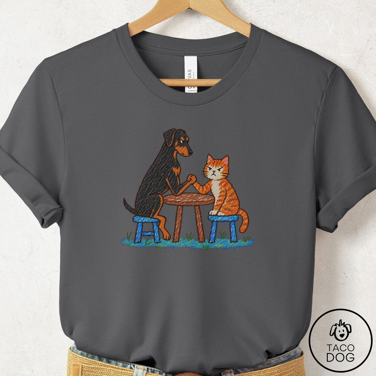 Doberman Arm Wrestling T-Shirt Asphalt Taco-Dog