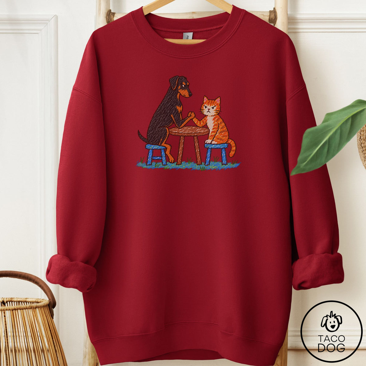 Doberman Arm Wrestling Sweatshirt Garnet Taco-Dog
