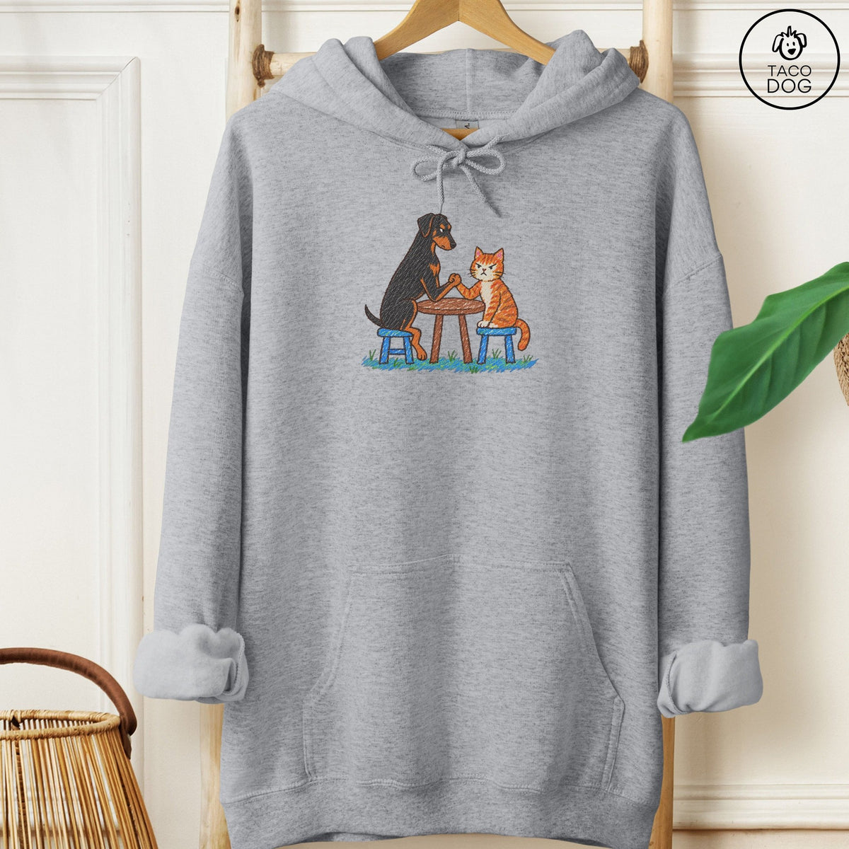 Doberman Arm Wrestling Hoodie Graphite Heather Taco-Dog