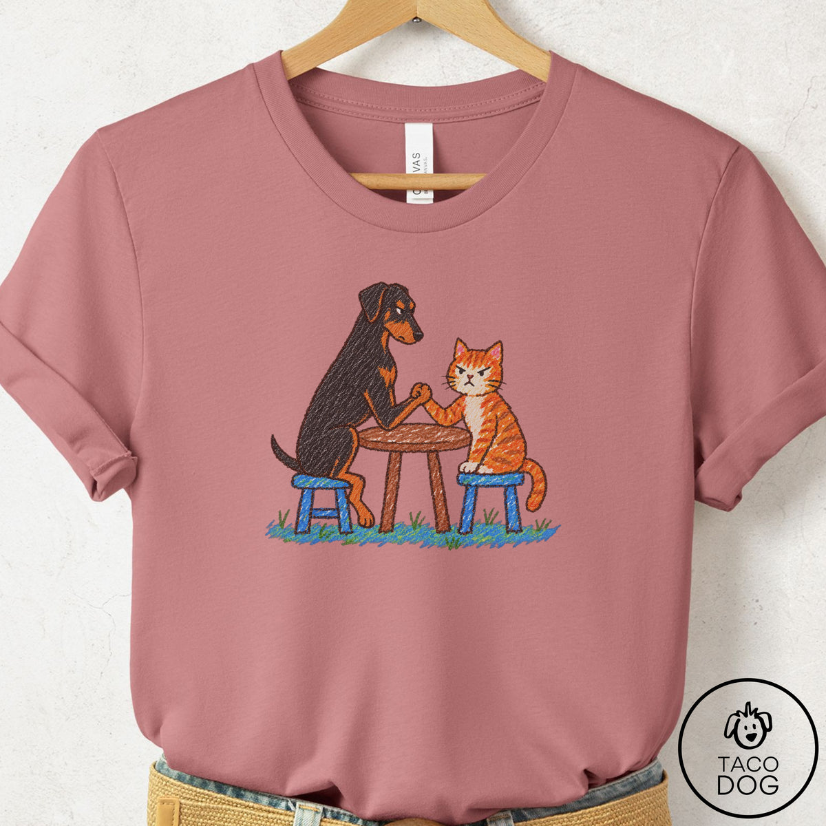 Doberman Arm Wrestling T-Shirt Mauve Taco-Dog