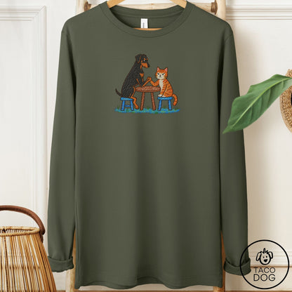 Doberman Arm Wrestling Long Sleeve Tee Military Green Taco-Dog