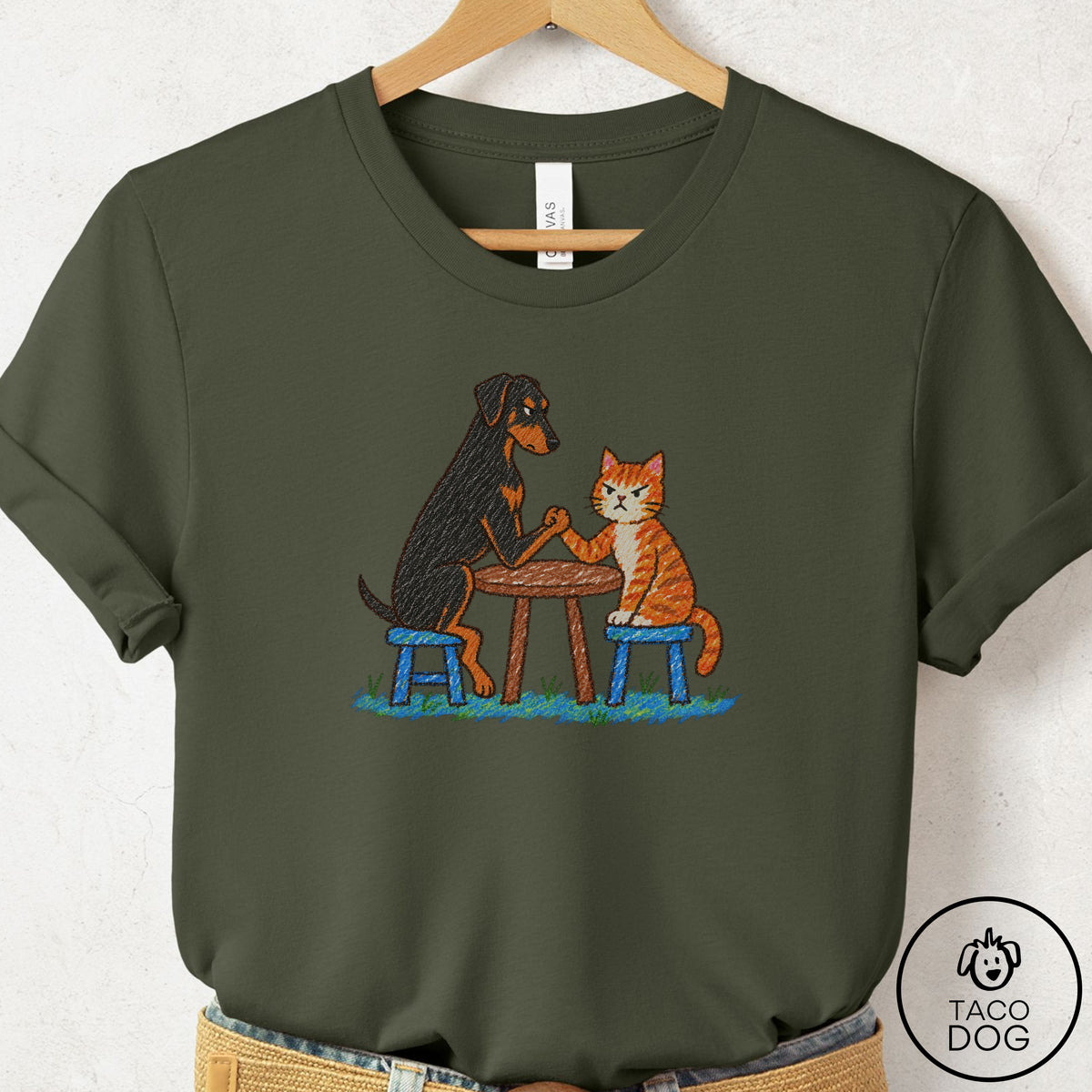 Doberman Arm Wrestling T-Shirt Military Green Taco-Dog