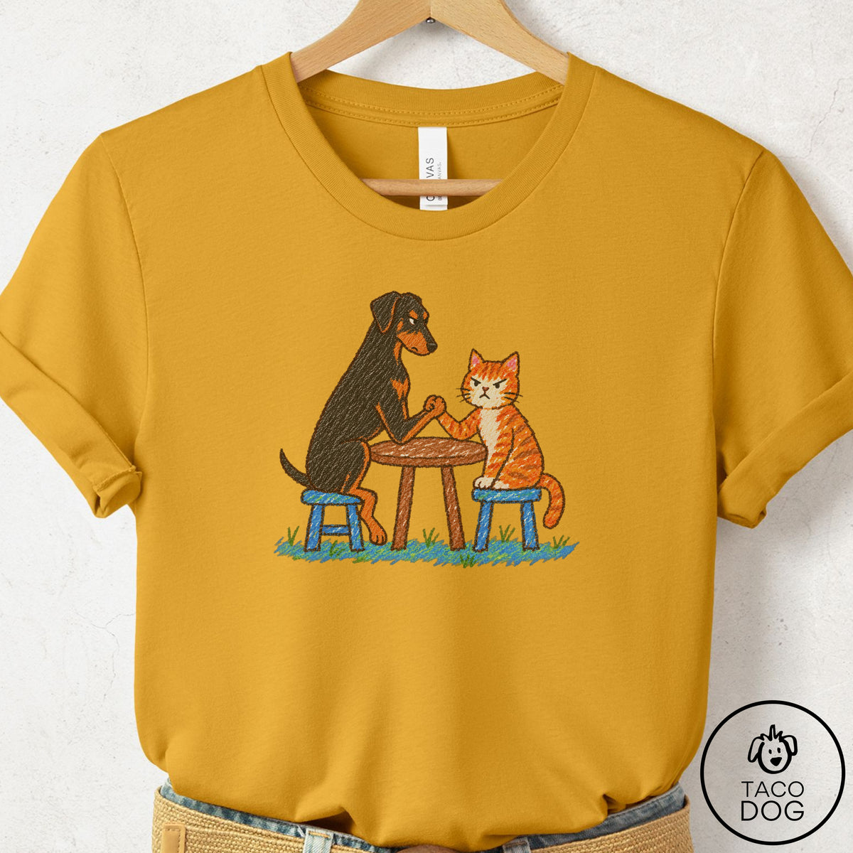 Doberman Arm Wrestling T-Shirt Mustard Taco-Dog