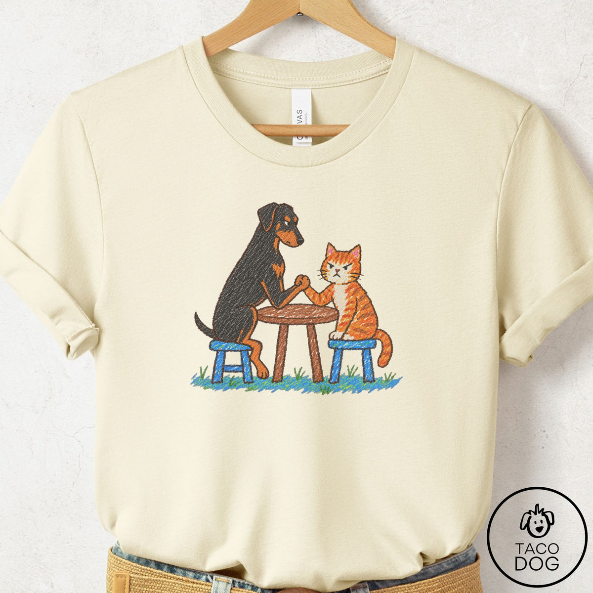 Doberman Arm Wrestling T-Shirt Natural Taco-Dog