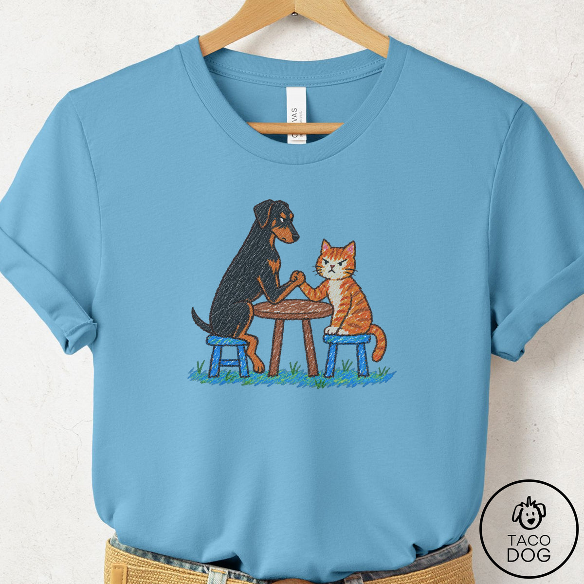 Doberman Arm Wrestling T-Shirt Ocean Blue Taco-Dog