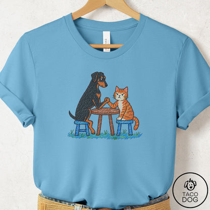 Doberman Arm Wrestling T-Shirt Ocean Blue Taco-Dog