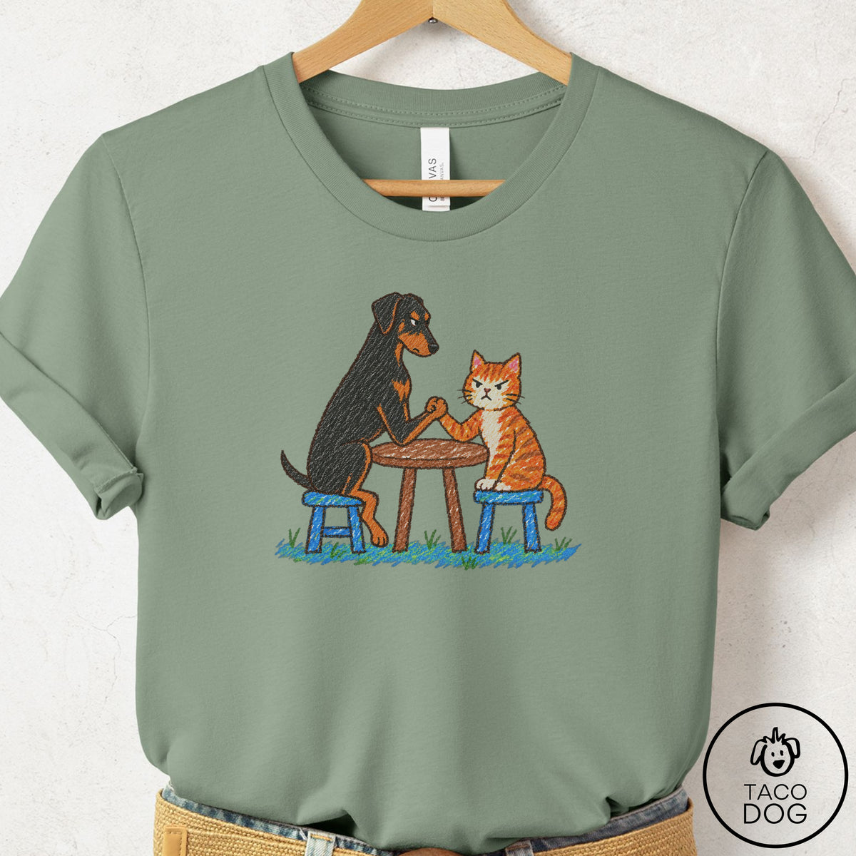 Doberman Arm Wrestling T-Shirt Sage Taco-Dog