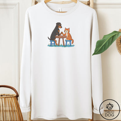 Doberman Arm Wrestling Long Sleeve Tee White Taco-Dog