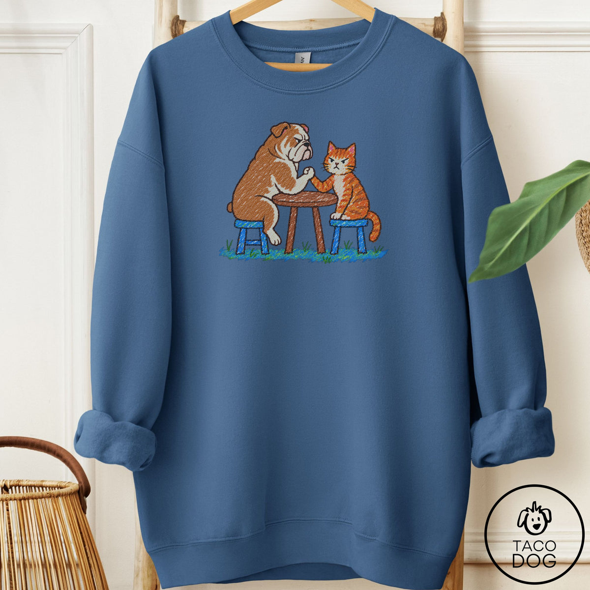 English Bulldog Arm Wrestling Sweatshirt Indigo Blue Taco-Dog