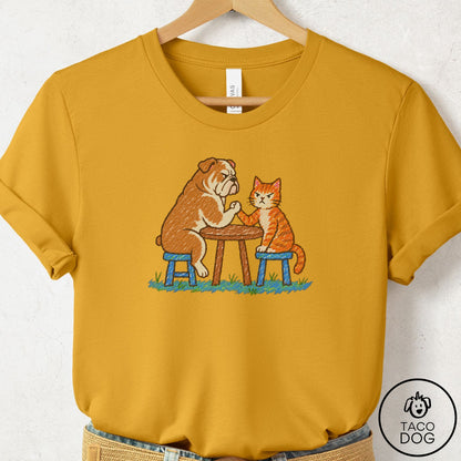 English Bulldog Arm Wrestling T-Shirt Mustard Taco-Dog