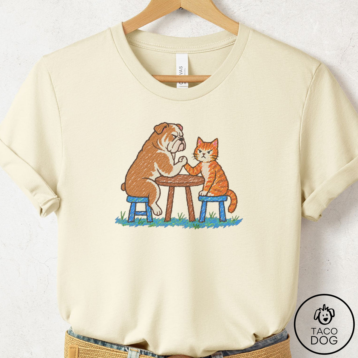 English Bulldog Arm Wrestling T-Shirt Natural Taco-Dog