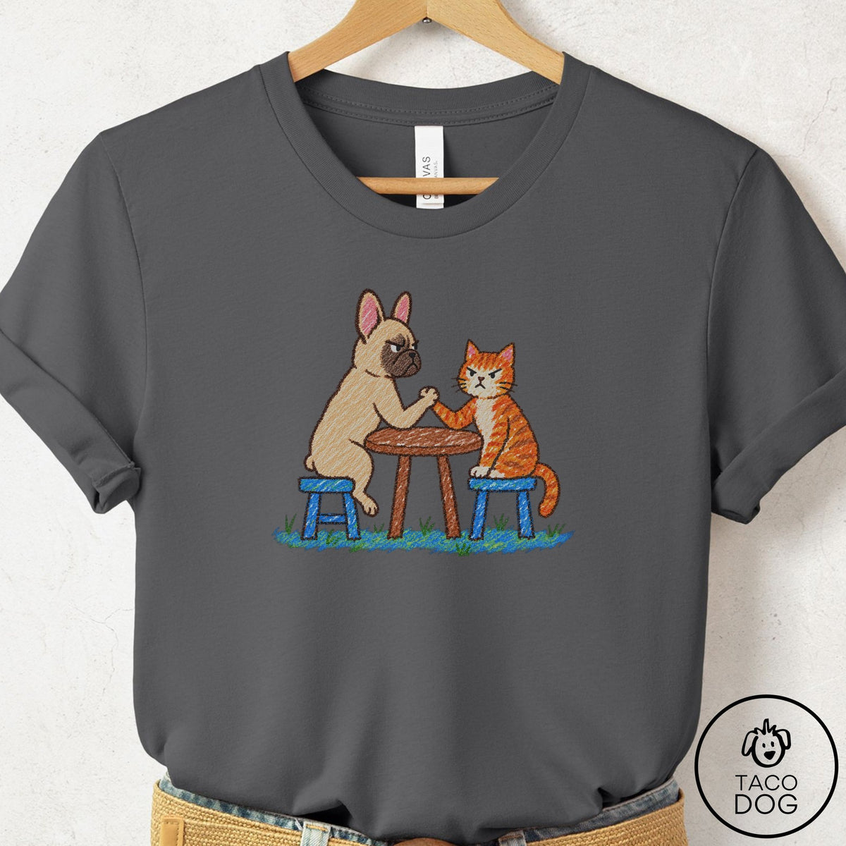 French Bulldog Frenchie Arm Wrestling T-Shirt Asphalt Taco-Dog