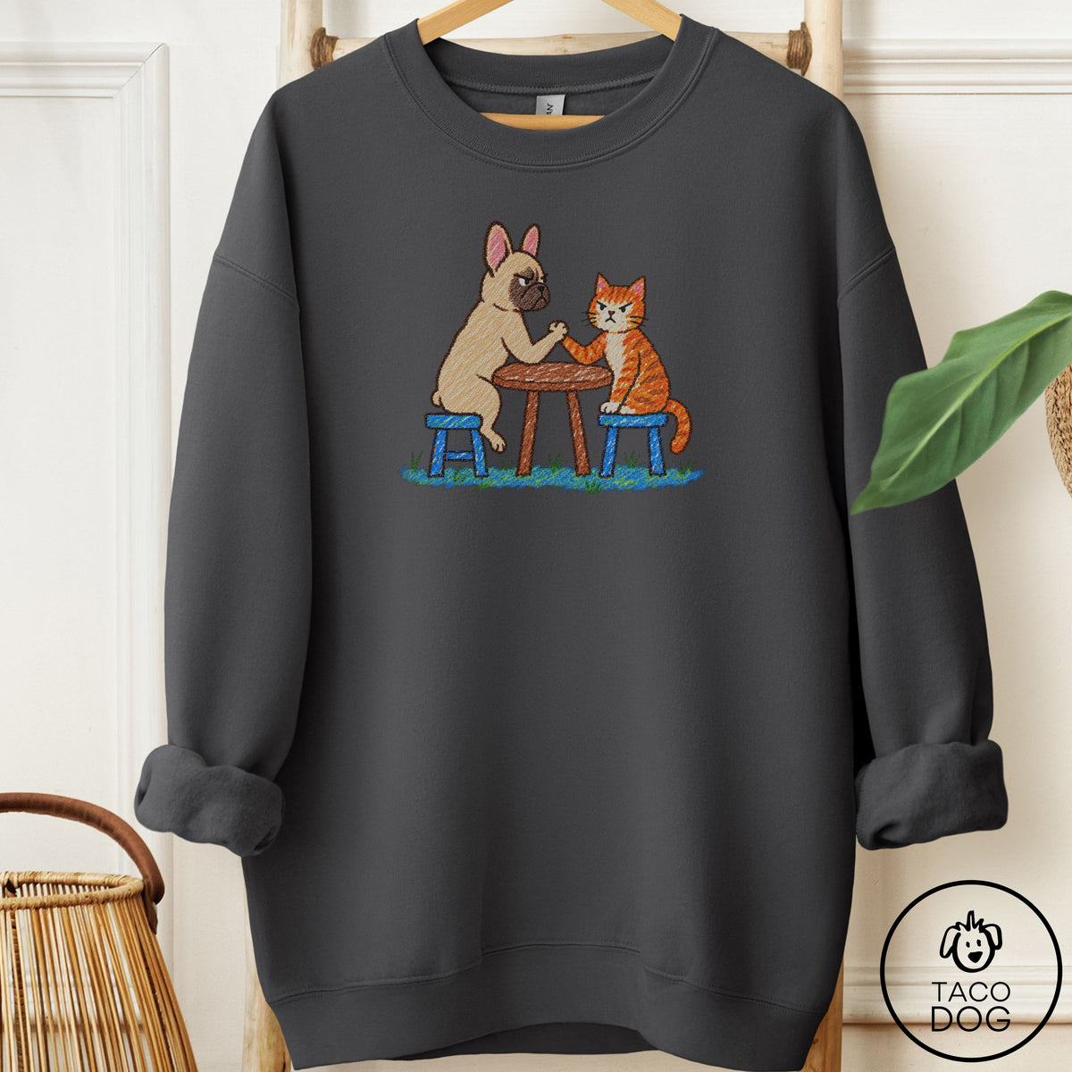 French Bulldog Frenchie Arm Wrestling Sweatshirt Charcoal Taco-Dog