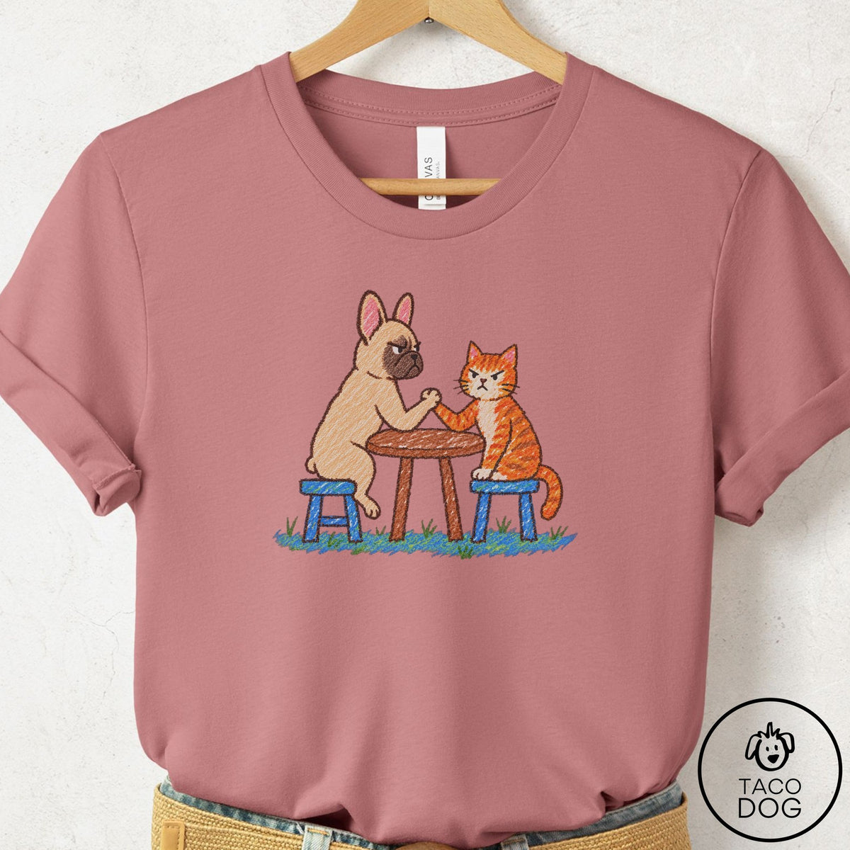 French Bulldog Frenchie Arm Wrestling T-Shirt Mauve Taco-Dog