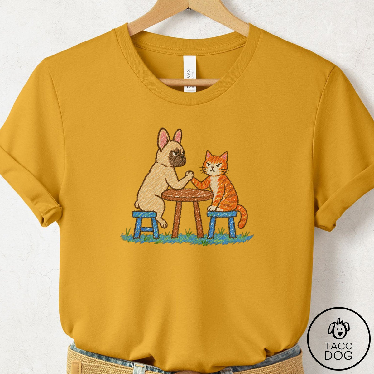 French Bulldog Frenchie Arm Wrestling T-Shirt Mustard Taco-Dog