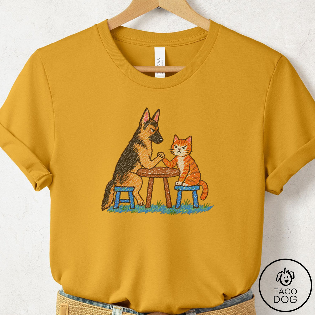German Shepherd Arm Wrestling T-Shirt Mustard Taco-Dog